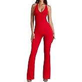 OQQ Jumpsuits for Women Fall Winter Halterneck Sleeveless Lace-Trim Flared Jumpsuit