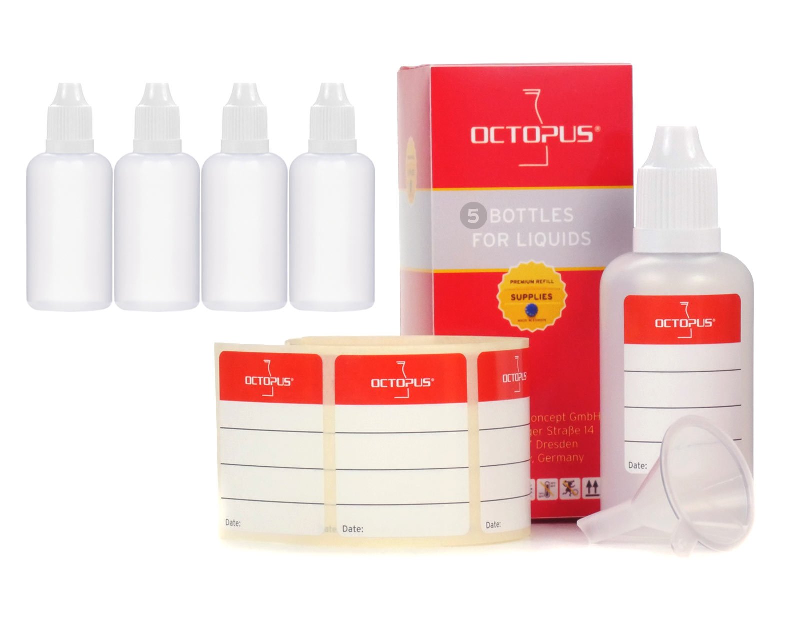 Octopus 10x 10ml LDPE Squeeze Bottles with Black Child-Resistant Lids – Precision Dropper Set including Funnels and Labels – Ideal for Dosing Various Liquids