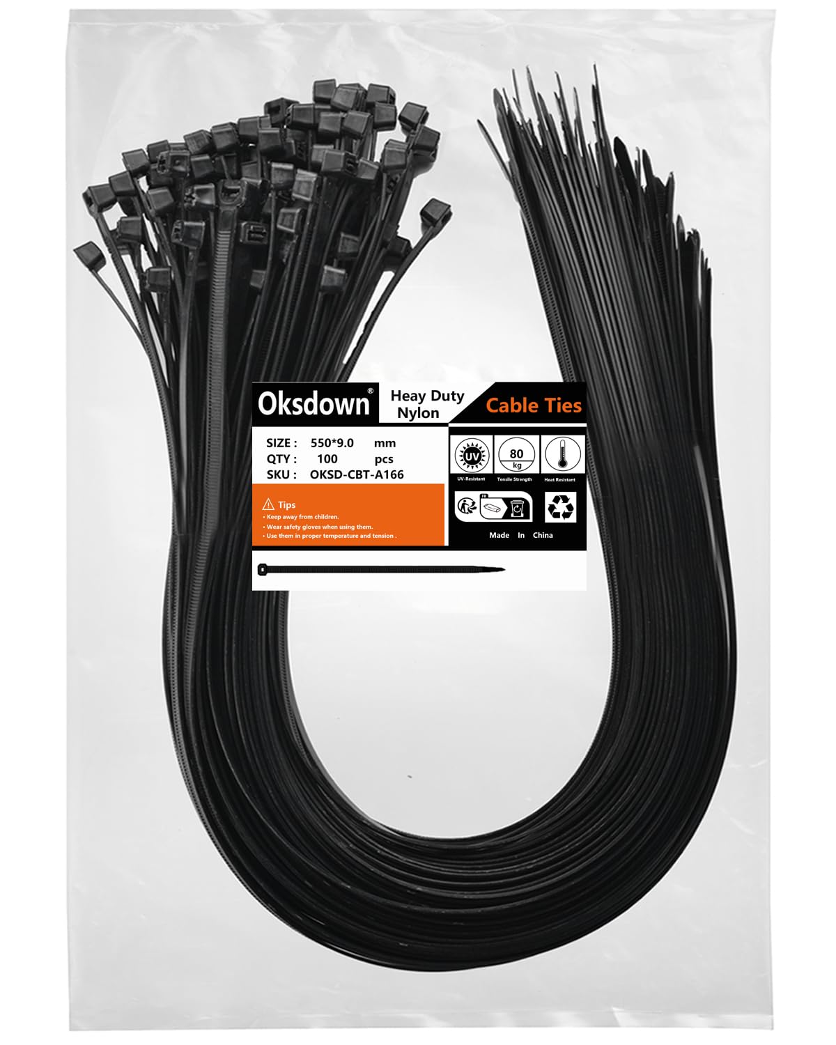 Oksdown 100 Pack Black Thick Cable Ties Heavy Duty Large 550mm×9.0mm Strong Nylon Plastic Self Locking 22 inch/55 cm Long Zip Tie Wraps