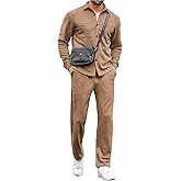 LecGee Men's Fall Faux Suede 2 Piece Tracksuit Button Down Long Sleeve Jacket Loose Pants With Pocket Fashion Casual Set