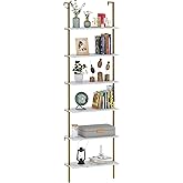 Wolawu Ladder Shelf 6 Tiers Marble White Modern Bookshelf Open Tall Wall Mount Bookcase Standing Leaning Wall Shelves Industrial Decorative Living Room Bed Room
