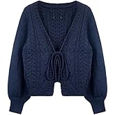 Kinghua Tie Front Cardigan for Women Fall Winter V Neck Cable Knit Cropped Cardigan Sweaters Cute Bow Tops