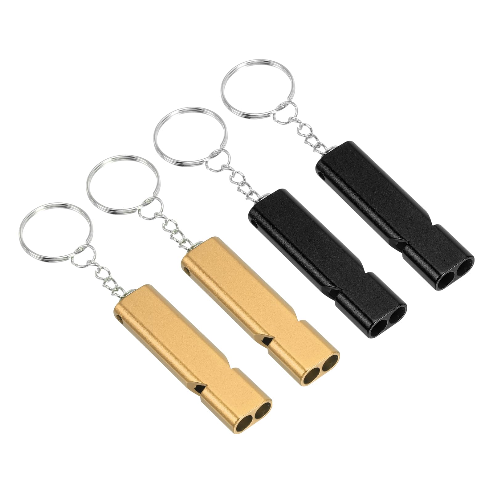 PATIKIL Emergency Whistle, 4 Pack Loud Sound Aluminum Keychain Whistles Outdoor Safety Survival Whistle for Camping Hiking, Gold, Black