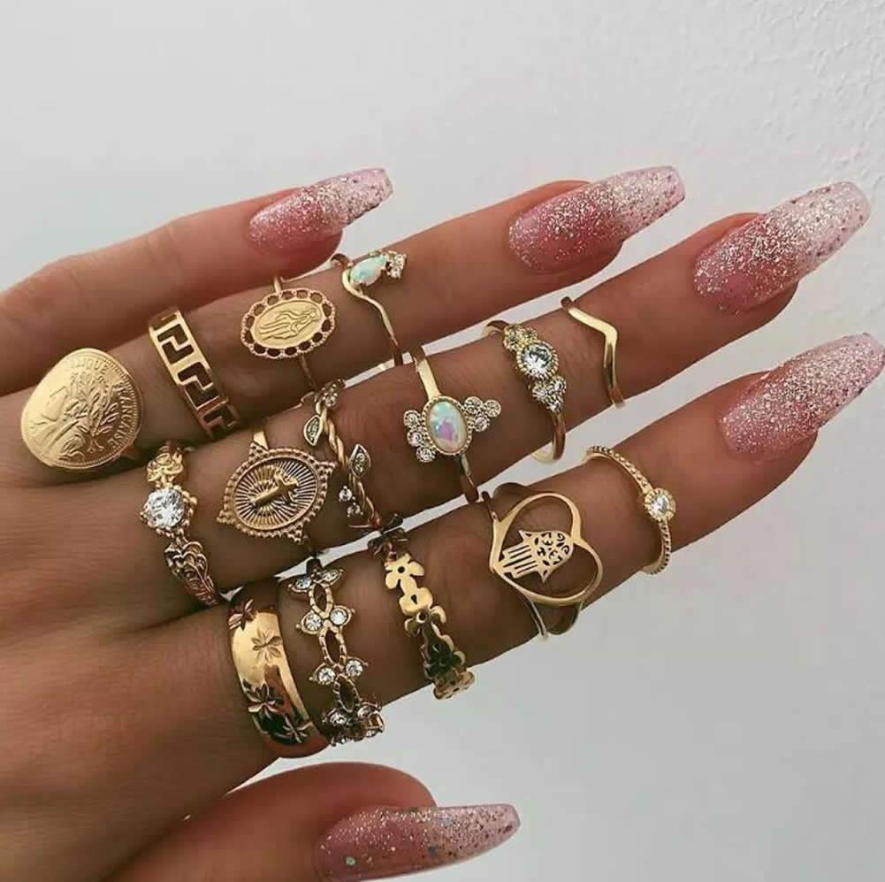 Dusenly 15pcs Women's Retro Portrait Gold Coin Cross Ring Knuckle Ring Set Bohemian Stacking Rings for Women Girls