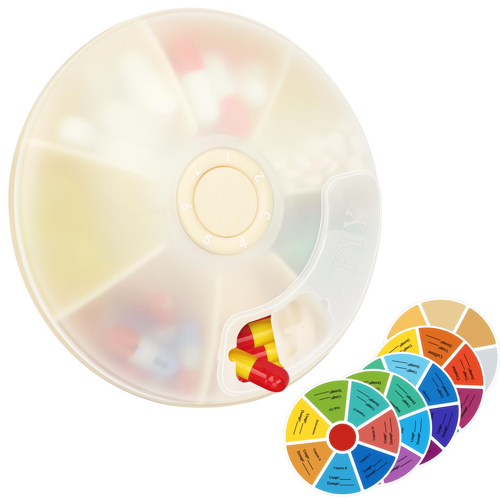 Photo 1 of FYY Travel Weekly Pill Organizer - Push Button Pill Case Rotate 7 Compartments Daily Pill Box Portable Pill Dispenser Medicine Case with Labels for Vitamin,Fish Oil,Pills,Supplements-Beige 2PK