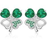 St Patricks Day Shamrock Earrings Sterling Silver Four Leaf Clover Irish Triquetra Celtic Knot Earrings for Women Emerald Green CZ Stud Prom Valentines Day Gift