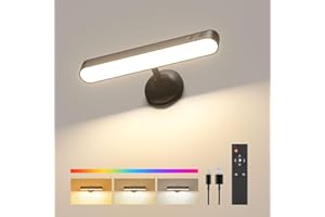 PopoIron Wall Sconce with 7500mAh Rechargeable Battery LED Wall Light for Bedroom with Remote Control, 3 Colors Wireless Wall Lamp 360° Rotation Dimmable Brightness with 15 RGB Colors,Black,1 Pack