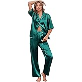 Ekouaer Silk Satin Pajamas Set Women Short Sleeve Pj Sets Button Down Sleepwear 2 Piece Soft Loungewear S-XXL