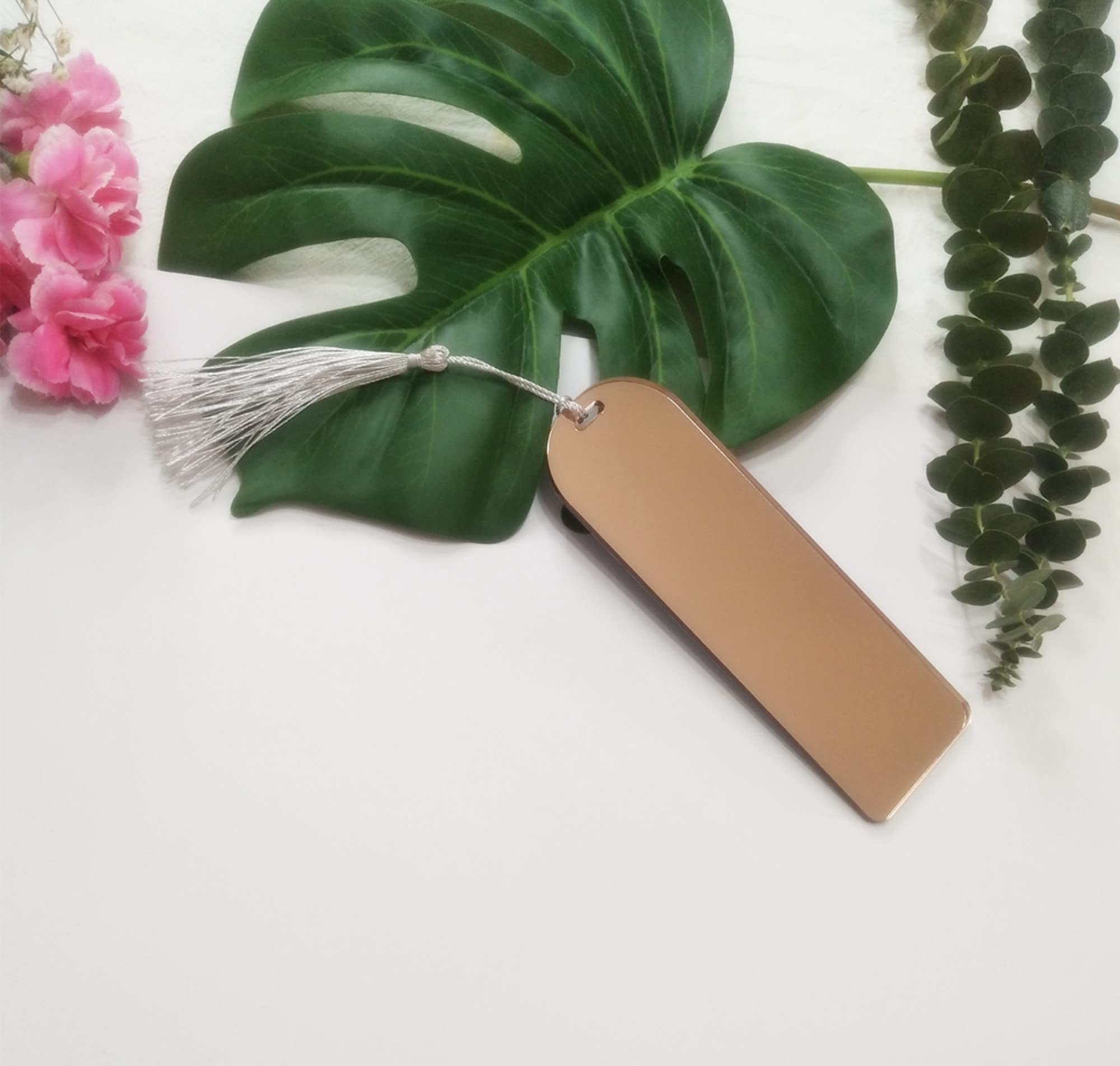 10pcs Acrylic Mirrored Bookmark Banks,Mirror Planner Bookmarks,Acrylic Blank Bookmark with Mini Bookmark Tassels for DIY Projects and Present Tags (Rose Gold Mirror)