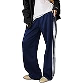 KMBANGI Women Striped Track Pants Elastic Waist Straight Leg Sweatpants Joggers Wide Leg Side Stripes Pants with Pockets