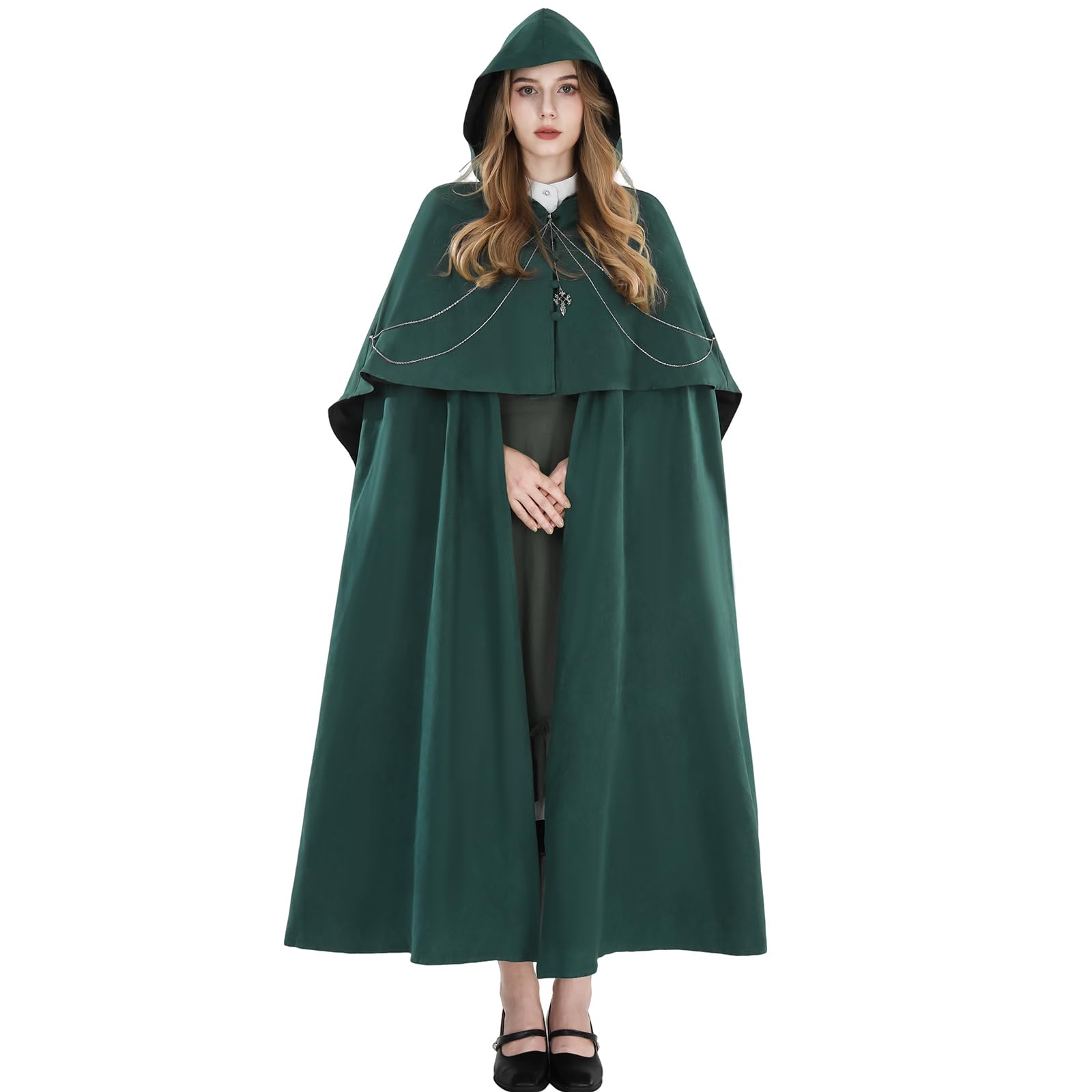 Photo 1 of FCCAM Long Hooded Cloak for Women Suede Medieval Renaissance Green Cloak Cape Halloween Costume S