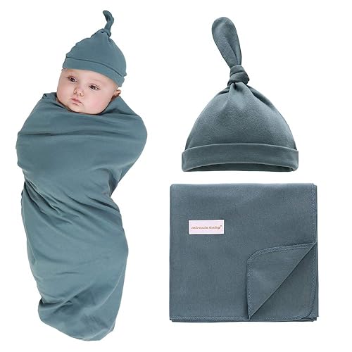 100% Cotton Knitted Baby Swaddle Blanket with Hat Set, 35