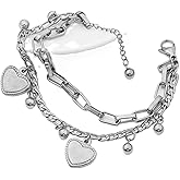 Silver Heart Charm Bracelet for Women – Layered Chain Bracelet with Dangling Heart & Bead Charms, Adjustable Stainless Steel Link Bracelet for Everyday Wear & Gifts