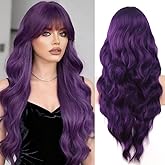 Mxayhnajxl Purple Wigs with Bangs for Women 26 Inch Long Wavy Wigs With Bangs Curly Synthetic Wig Heat Resistant Synthetic Colorful Cosplay Wig