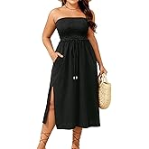 Plus Size Swimsuit Cover Up - Strapless Smocked Women Midi Swimwear Coverup with Pockets