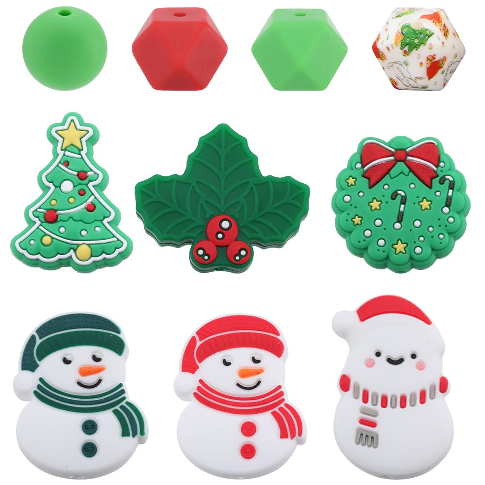 SUNNYCLUE 26Pcs 10 Styles Christmas Silicone Bead Holiday Focal Beads Bulk Soft Rubber Winter Character Xmas Snowman Bell Green Tree Red Hexagon Round Pen Bead for jewellery Making DIY Keychain Bracel