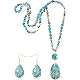 Liliaafar Turquoise Jewelry Set Turquoise Long Beaded Necklaces and Earrings for Women Boho Natural Stone Indian Necklace Bohemian Beaded Jewelry Handmade Vintage Oval Water Drop Earrings