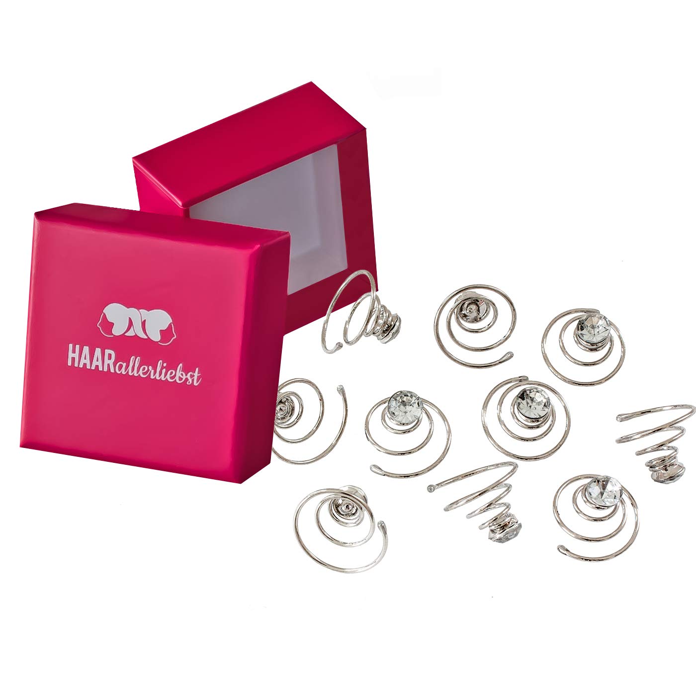 HAARallerliebst Hair Clips with Rhinestones Diamonds (Pack of 10) Silver 1.5 cm for Wedding Updo with Box for Storage (Box Colour: Pink)