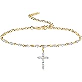 QUALISE 14K Gold Plated Tennis Cross Bracelet, Simple Butterfly Bracelet,Evil Eyes Adjustable Bracelet, CZ Station Paperclip Link Chain Bracelet for Women