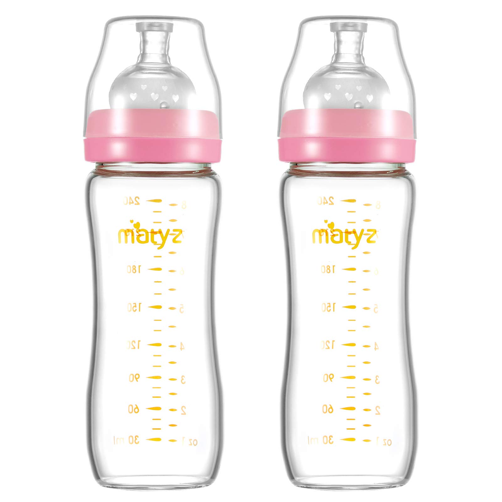 Photo 1 of Matyz Glass Breastmilk Baby Feeding Bottle with Nipple, 2 Pack, 8 oz Slim and Light Bottle Easy to Hold, Food Grade Borosilicate Glass, Wide Neck Easy to Clean, No BPA (Pink Lids)