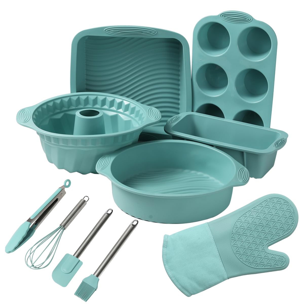 Photo 1 of 10in1 Nonstick Silicone Baking Cake Pan Cookie Sheet Molds Tray Set for Oven, BPA Free Heat Resistant Bakeware Suppliers Tools Kit for Muffin Loaf Bread Pizza Cheesecake Cupcake Pie Utensil (Blue)