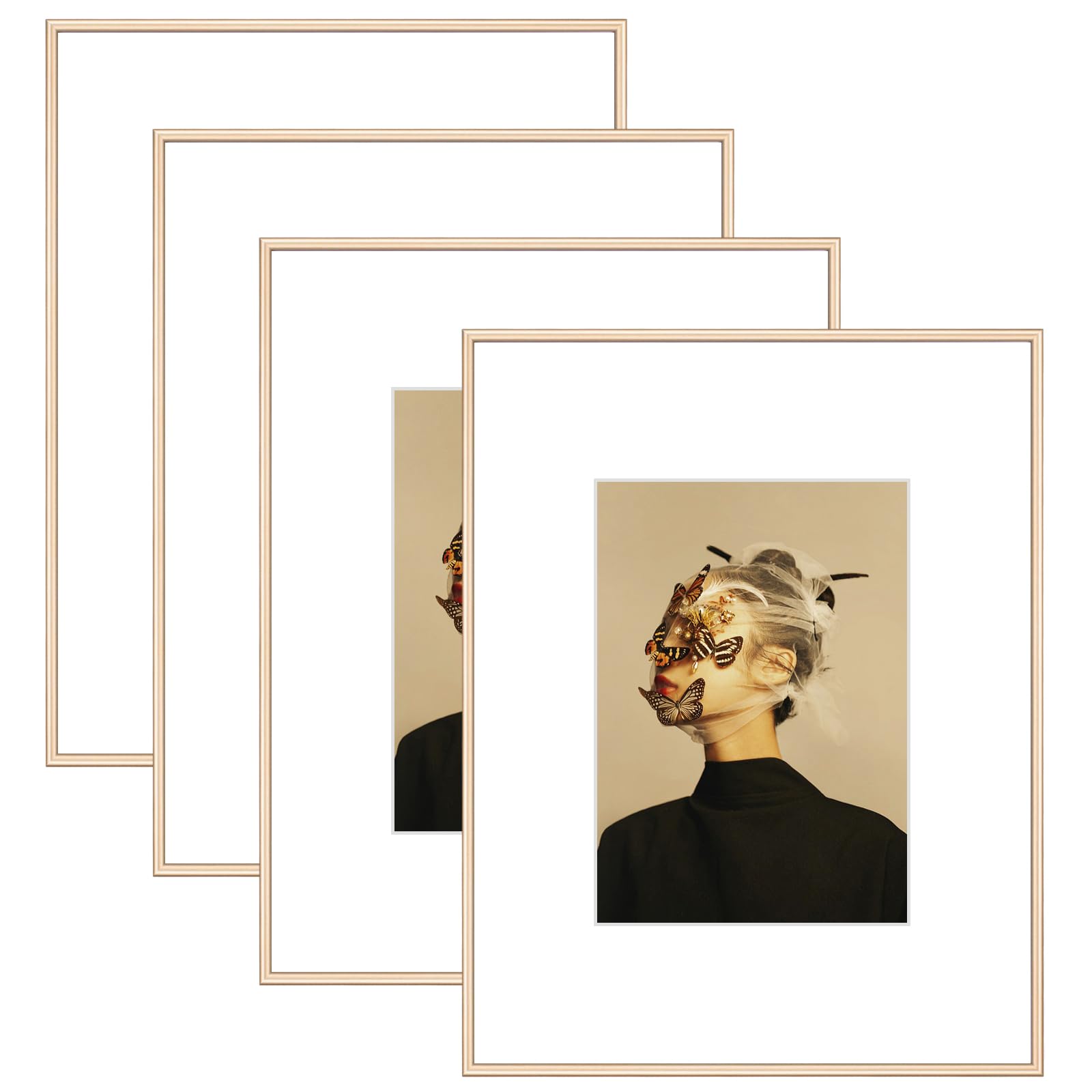 Photo 1 of Fkvat 11x14 Picture Frame Set of 4, Matted Brass Simple Modern Brushed Thin Aluminum Metal Photo Frame Fits 8x10 with Mat or 11 x 14 without Mat Vertical and Horizontal for Tabletop and Wall Mounting