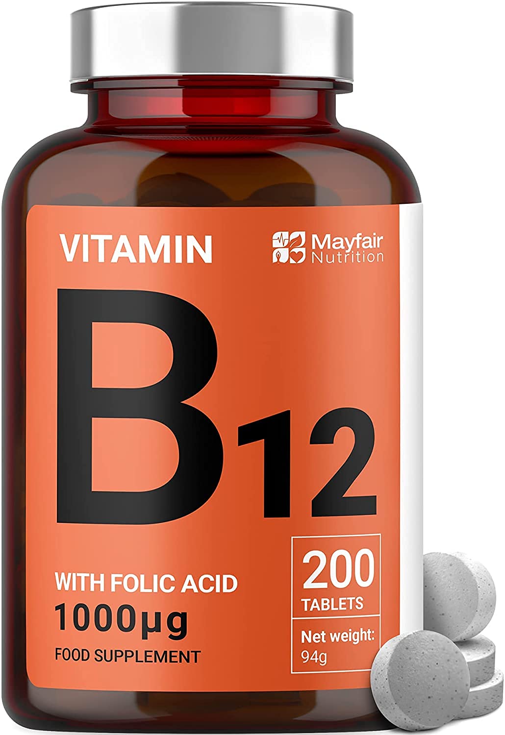 Vitamin B12 Supplements with Folic Acid - 200 Tablets of 1000 mcg Vegan B12 - Non-GMO & Gluten-Free - Made in UK