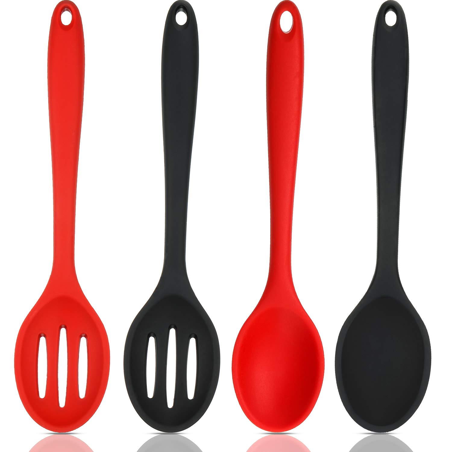 4 Pieces Silicone Nonstick Mixing and Slotted Spoons Set, Large Silicone Serving Slotted Spoon Nonstick Heat Resistant Spoons for Kitchen Baking Stirring Draining Tools (Red, Black)