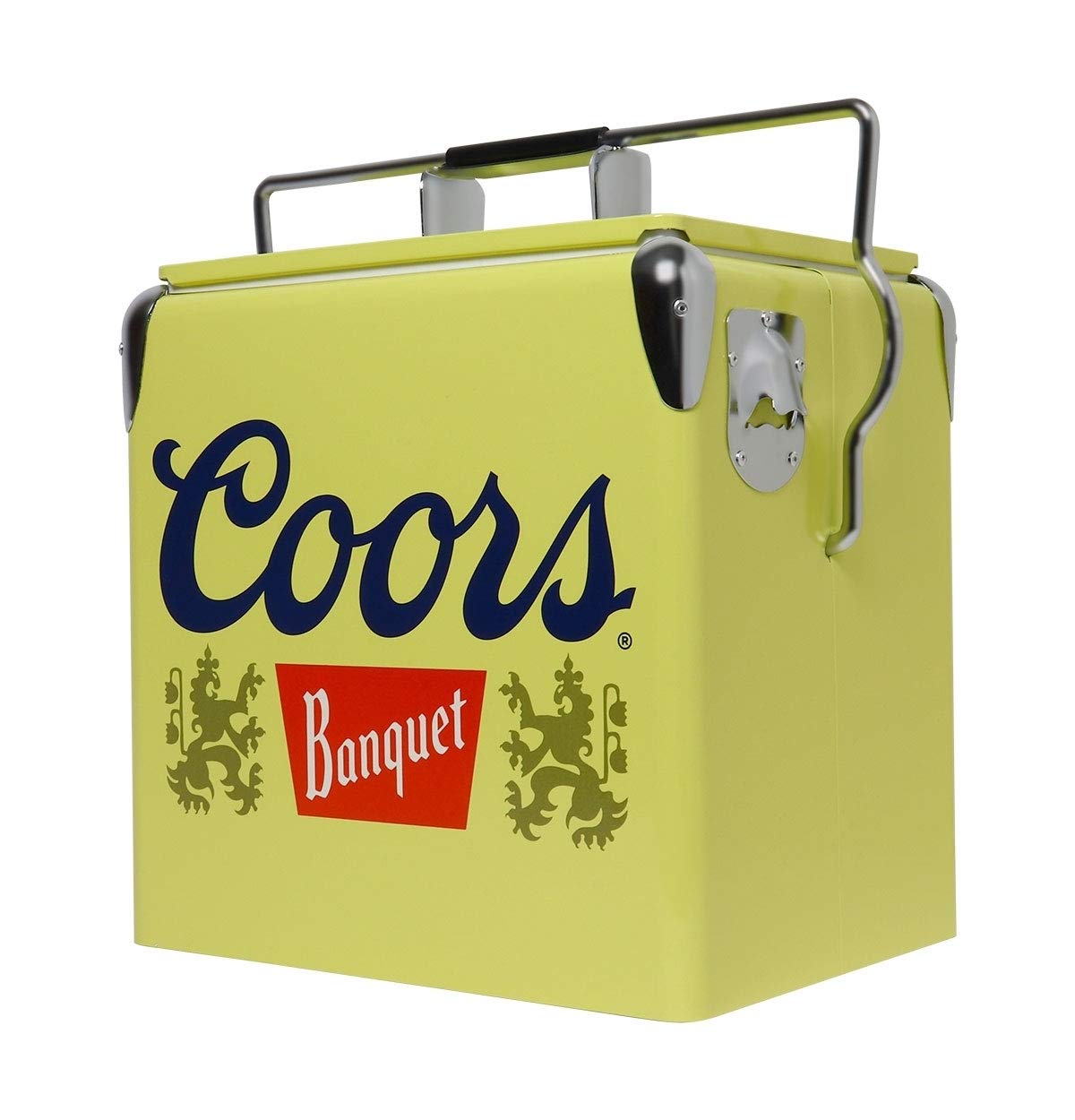 Koolatron Coors Banquet Retro Ice Chest Cooler with Bottle Opener 13L (14 qt), 18 Can Capacity, Yellow and Silver, Vintage Style Ice Bucket for Camping, Beach, Picnic, RV, BBQs, Tailgating, Fishing