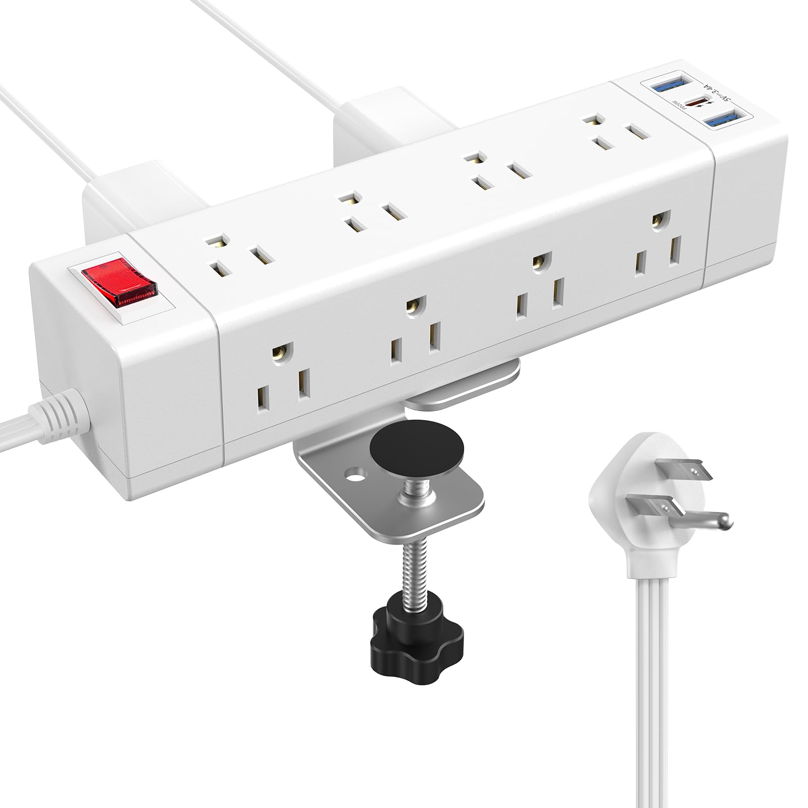 Fast Charging PD 20W USB C Desk Clamp Power Strip,Fararaka Surge Protector Power Strip with 3USB Ports/12 AC,6FT Extension Cord with Multiple Outlets Removable Mountable Fits 1.8" Tabletop Edge