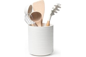MIKIGEY Kitchen Utensil Holder for Kitchen Counter, 7.2” Large Ceramic Cooking Utensil Crock for Countertop, Modern Spatula Holder with Cork Mat, Kitchen Decor, White