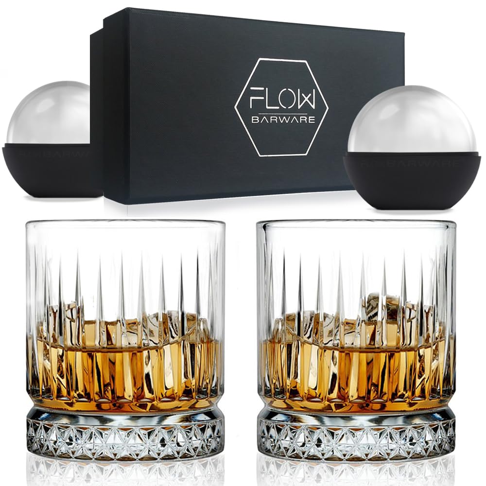 FLOW Barware GEO Whiskey Glasses | Whisky Glass with Ice Ball Mould Gift Set | Whiskey Glasses Set of 2 | Heavy Whisky Tumbler for Scotch, Bourbon, Rum, Gin & Tonic & Negroni Cocktail