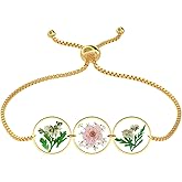 EcoJewere Handmade Pressed Flower Bracelet, Daffodils, Baby's Breath and Queen Anne's Lace Pressd Flower Bracelet, Gold Adjustable Pressed, Personalized Jewelry