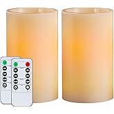 Homemory 5"x3" Wax Flameless Candles, Battery Operated LED Pillar Candles with Remote Control & Timer, Amber Yellow Flickering Light for Party, Wedding, Festival, Ivory, Indoor Only, Set of 2