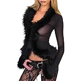 Women Sheer Mesh Fur Trim Tops Sexy Fuzzy See Through Long Sleeve Open Front Cropped Shirt Y2k Going Out Streetwear