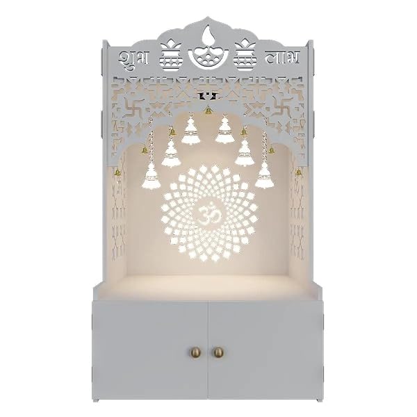 HOMSCAPE DIVINE WOODEN POOJA MANDIR FOR HOME WITH SPACIOUS SHELF & INBUILT FOCUS LIGHT – TEMPLE FOR HOME FLOOR RESTED POOJA MANDIR WITH DOORS 31″ HEIGHT MEDIUM WHITE | FESTIVE DECOR | INDIAN TEMPLE