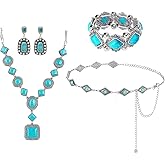 Bohemian Turquoise Necklace Set - Women's Western Jewelry with Long Choker, Pendant, Dangle Earrings, Layered Bracelets