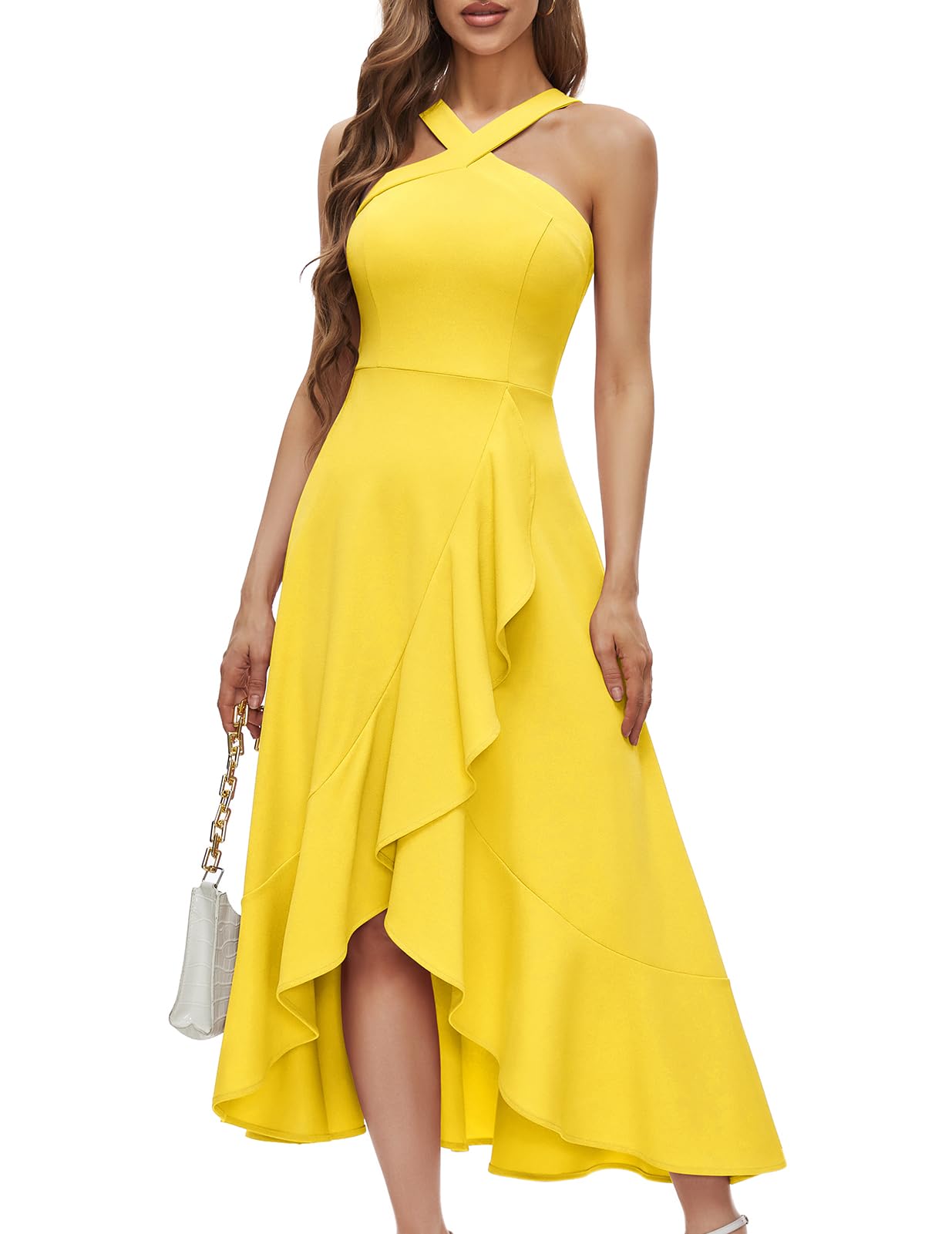 Photo 1 of *****HAS BEEN WORN AND USED NEEDS TO BE WASHED****Bbonlinedress Yellow Summer Cocktail Dress Halter Ruffle Maxi Wedding Guest Prom Party Homecoming Dress Yellow XL.