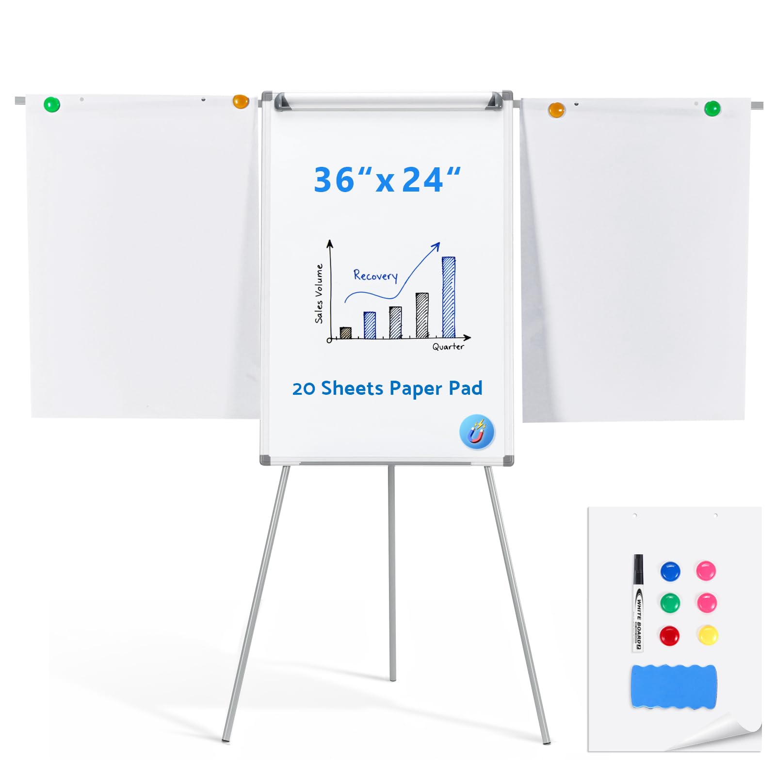 MAKELLO Flip Chart Stand 90x60cm, Portable Whiteboard Easel with 2 Extended Display Arms for Office Home School Classroom, Height Adjustable and Foldable, Aluminum Frame