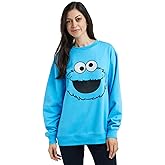 Sesame Street Big Face Cookie Monster Blue Crew Neck Long Sleeve Oversized Fleece Sweatshirt