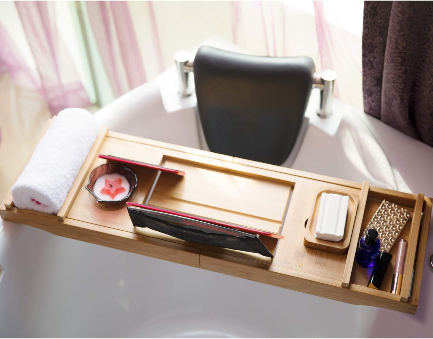 HYNAWIN Bamboo Bathtub Tray Rack for Tub Adjustable Bathroom Bathtub Caddy with Expandable Sides Organizer for Tub-Holder for Wine Glass,Reading Rack, Tablet Holder, Cellphone: Home & Kitchen