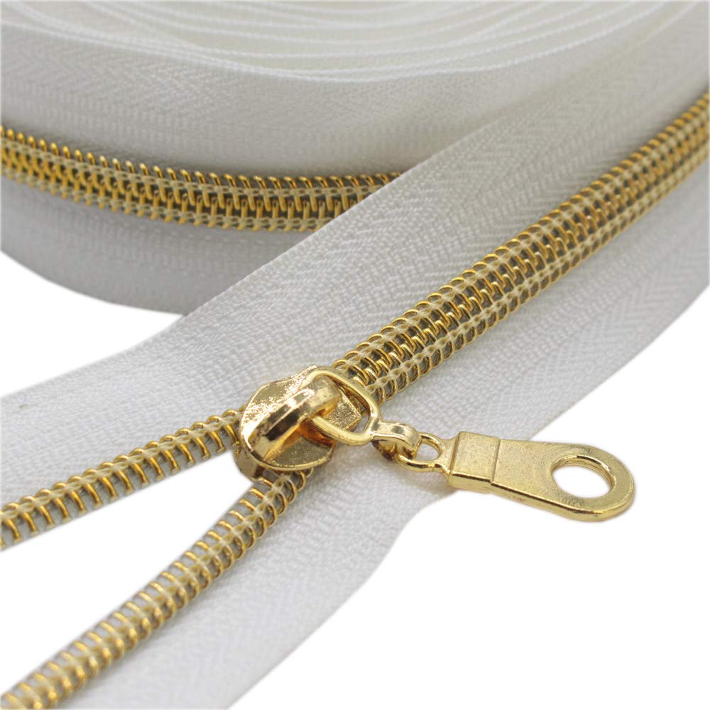 YaHoGa #5 Gold Metallic Nylon Coil Zippers Continuous Zipper Tape (9 Meters + 25pcs Sliders) for Sewing Tailor DIY Craft Bag (Gold White)