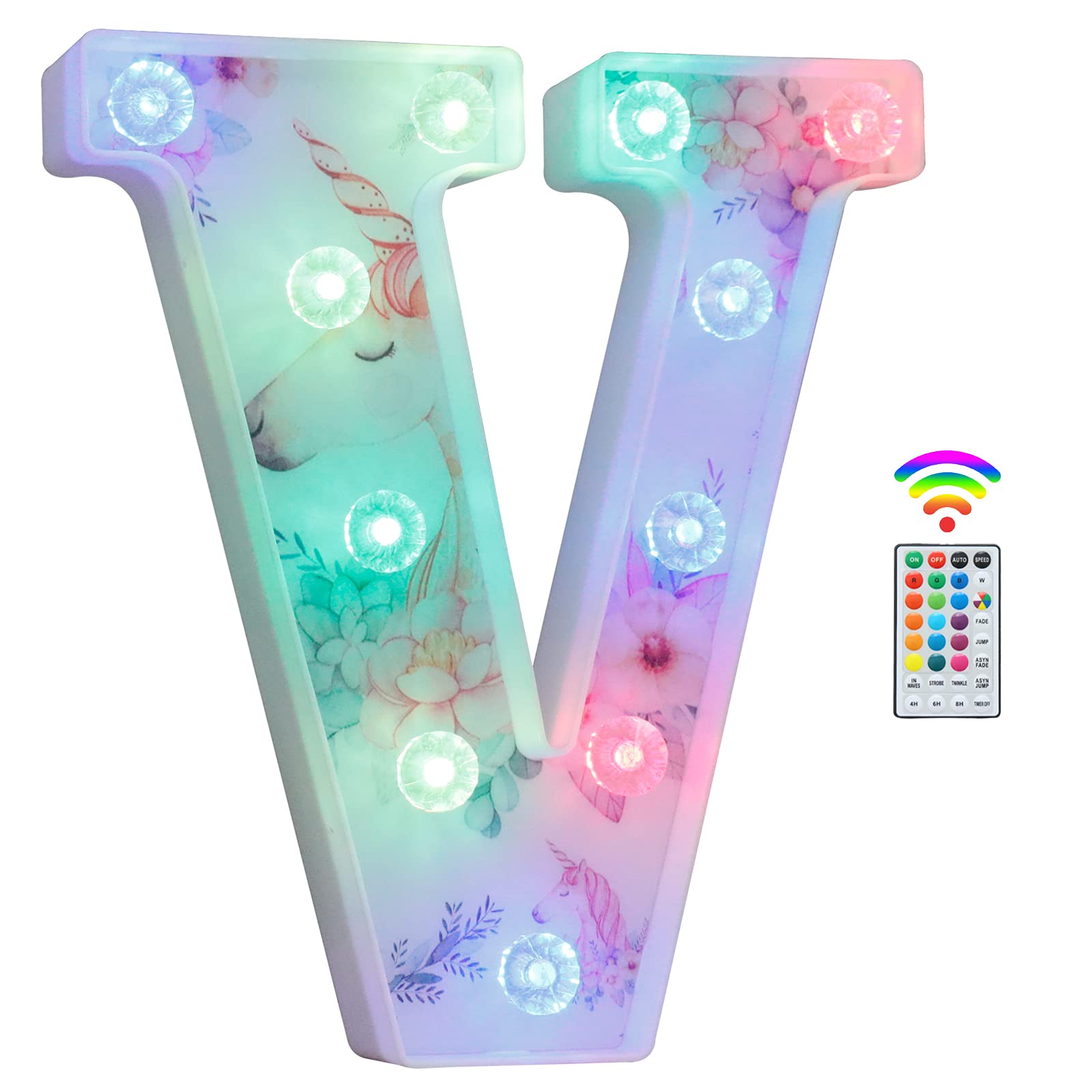 Unicorn Light Up Letters, LED Letter Lights 18 Color Changing Diamond Alphabet Sign Unicorn Gifts for Girls Women Party Birthday Decorations Remote Night Light Christmas Valentine Wall Table Decor - V