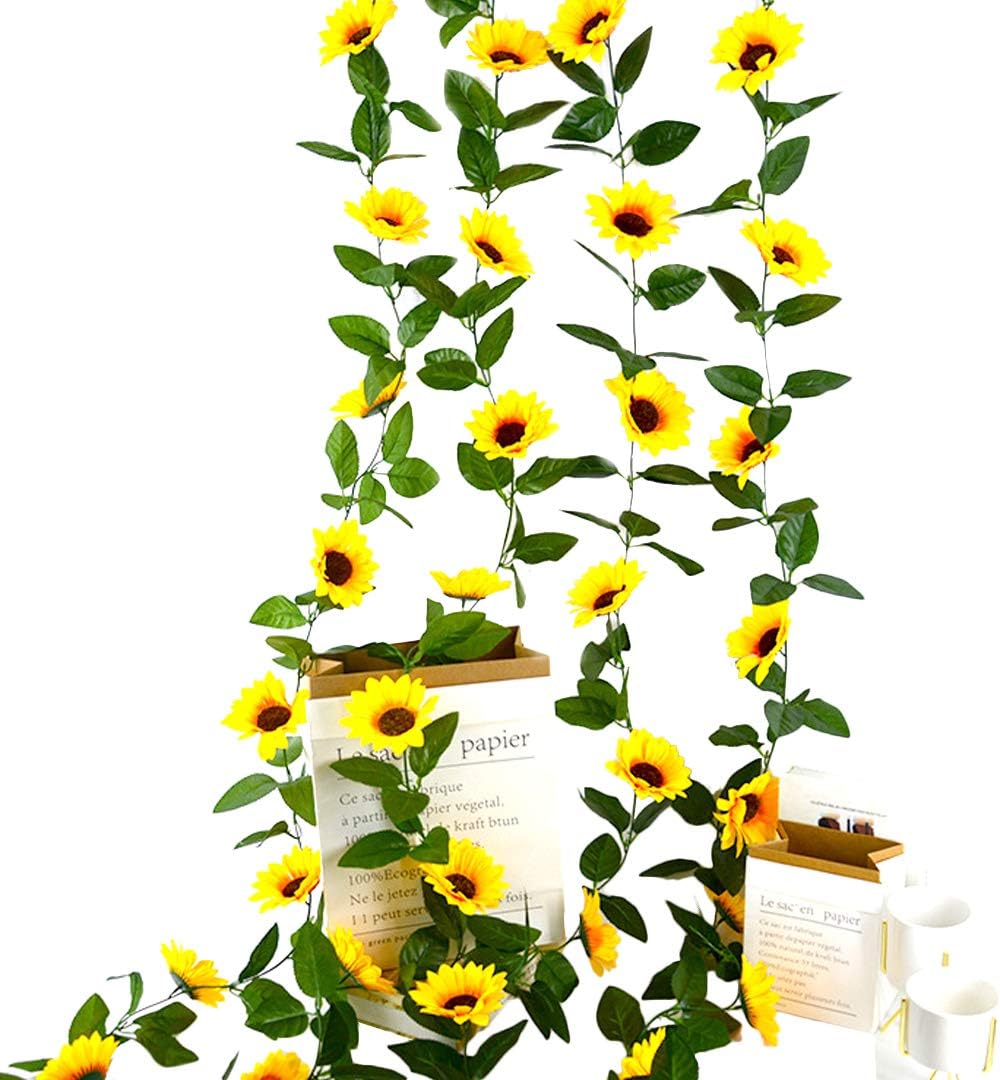 Tuzazo 4Pack Artificial Sunflower Garland 7.4 FT Silk Sunflowers Vine with Green Leaves Hanging Sunflowers for Wedding Baby Shower Party Home Garden Decoration