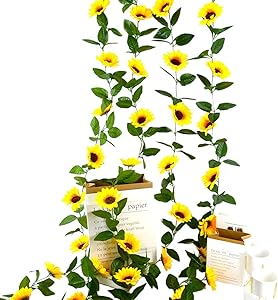 Tuzazo 4Pack Artificial Sunflower Garland 7.4 FT Silk Sunflowers Vine with Green Leaves Hanging Sunflowers for Wedding Baby Shower Party Home Garden Decoration