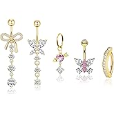 Belly Button Ring Gold Pink Heart Flosting Belly Piercing Surgical Stainless Steel Dangle Belly Rings for Women Butterfly Hypoallergenic Navel Piercing Jewelry