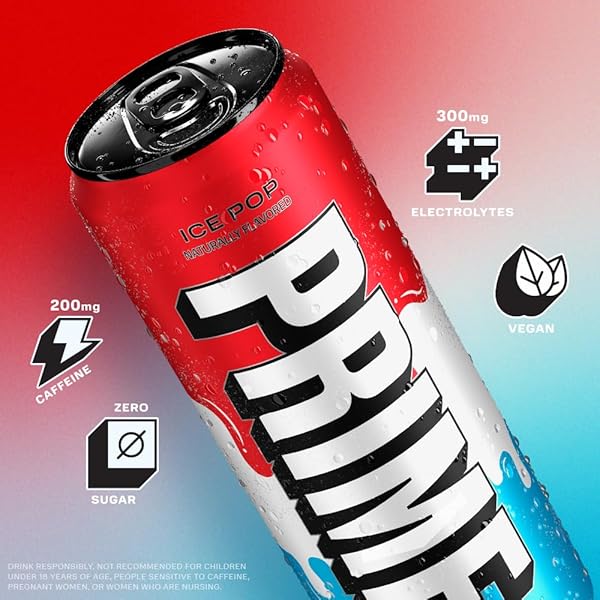 PRIME ENERGY ICE POP | ZERO SUGAR ENERGY DRINK 24 PACK | PREWORKOUT ENERGY | 200MG CAFFEINE WITH 355MG OF ELECTROLYTES AND COCONUT WATER FOR HYDRATION| VEGAN | GLUTEN FREE |12 FLUID OUNCE | 24 PACK