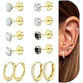 Florideco Gold Hypoallergenic Surgical Steel Earrings 20G Flat Back Earrings for Women Trendy Cartilage Earring Stacks Small Stainless Steel Earring Sets for Multiple Piercing
