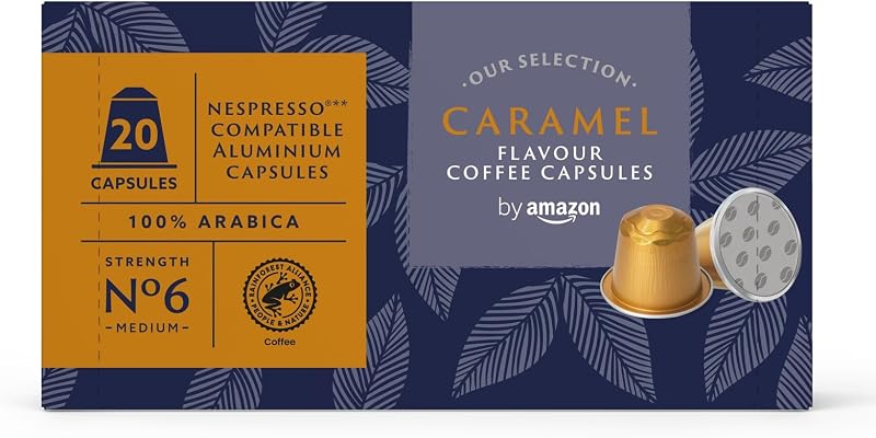 Cápsulas de alumínio de café com sabor a caramelo compatíveis com Nespresso, 20 unidades (1 pacote de 20), certificado pela Rainforest Alliance