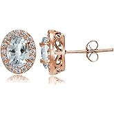 Rose Gold Flashed Sterling Silver Genuine, Created or Simulated Gemstone and Cubic Zirconia Accents Oval Halo Stud Earrings